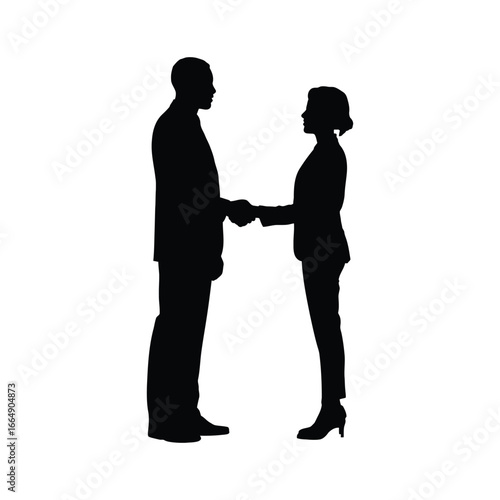 Silhouette of male and female business professionals shaking hands, symbolizing agreement, partnership, and mutual understanding in workplace