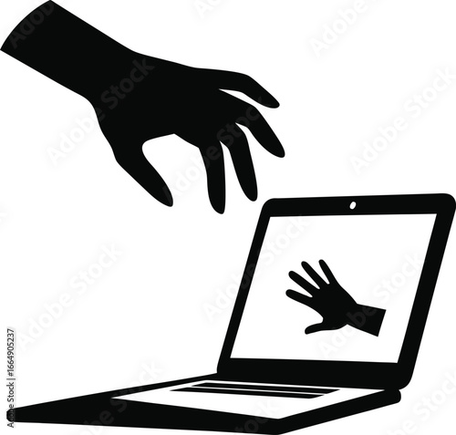 Black silhouette of a hand reaching towards a laptop screen displaying another hand hacker
