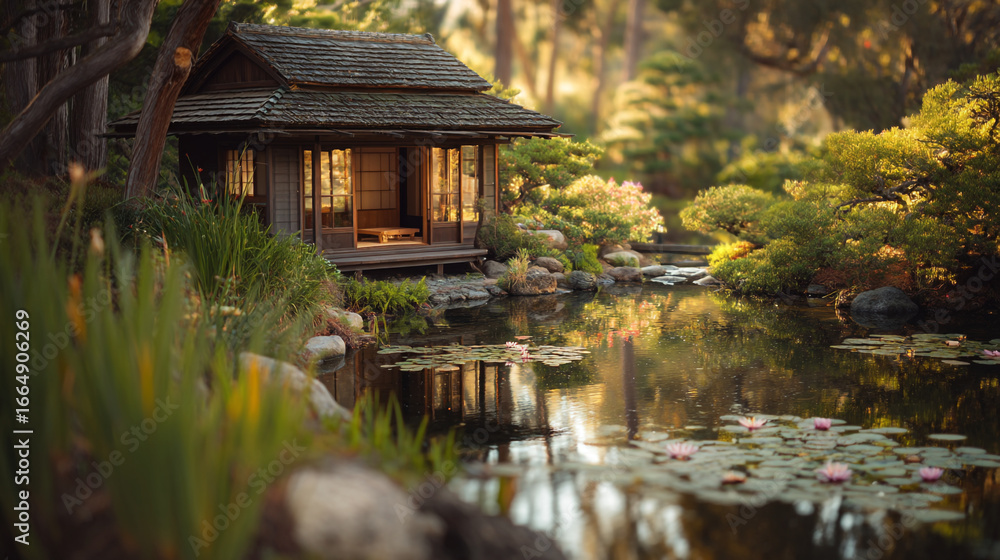 Obraz premium A tranquil scene of a japanese tea house by a pond with lily pads and lush greenery around