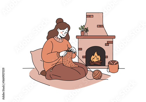 Woman knits while relaxing near a fireplace in a cozy room. Fires burn warmly