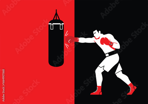 Boxer punching a bag on a red & black background. Use fitness, martial arts
