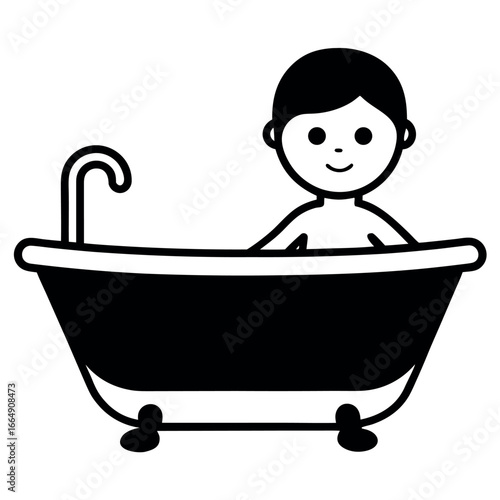 Simple Black and White Line Art Illustration of a Child Taking a Bath in a Clawfoot Tub Illustration for Children