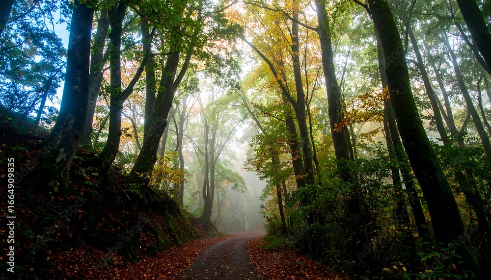 Obraz premium A misty forest path winds through a canopy of autumn trees, bathed in soft, diffused light.