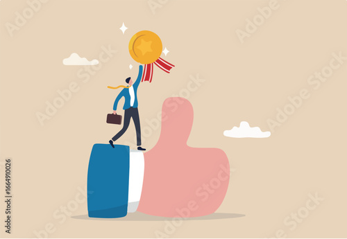 Employee of the month, great manager or success staff winning award, staff appreciation or best office worker concept, success businessman manager celebrating employee award on big thumb up symbol.