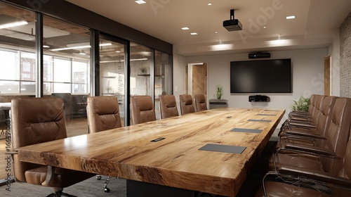 Modern conference room with large wooden table