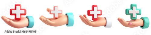 3D hand holding red and green medical cross healthcare symbol hospital icon emergency aid first aid health support isolated on transparent background cartoon style positive emotion