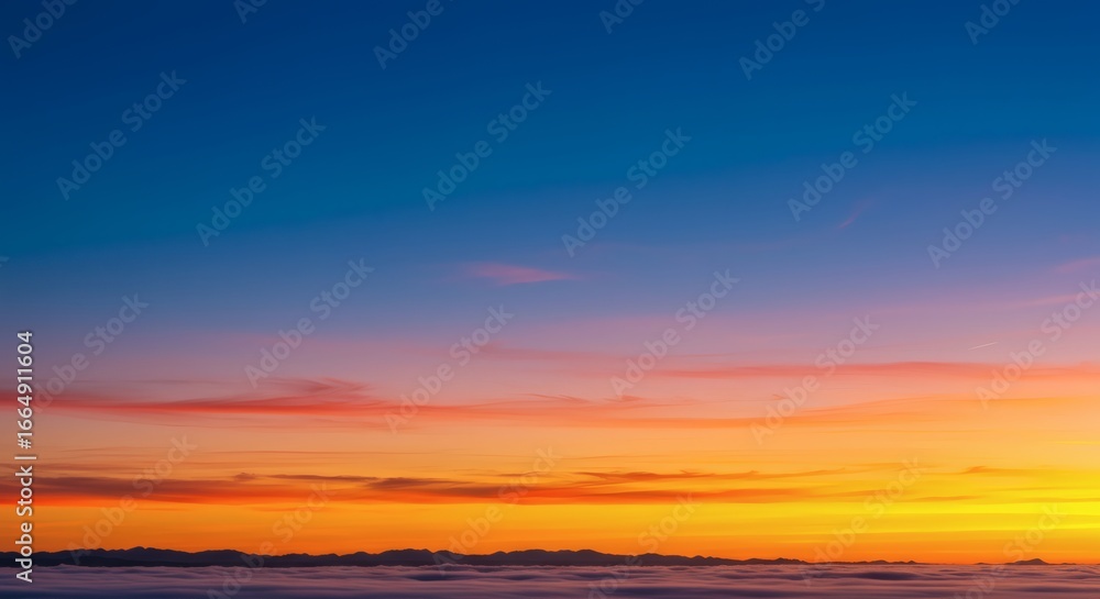 Fototapeta premium Vibrant sunset sky with orange and blue hues over distant mountains