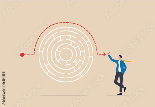 Workaround or solution to bypass problem or difficulty, creativity to overcome obstacle or solving business problem, avoiding path concept, businessman genius draw workaround line to solve labyrinth.