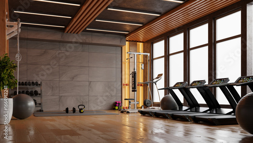 Obraz na plátně The gym has a modern and clean design with wooden floors and a high ceiling- 3D