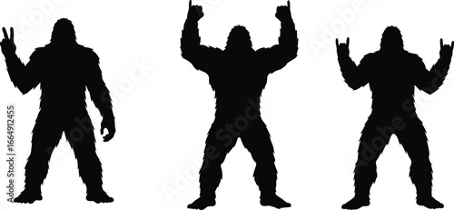 Funny Bigfoot Sasquatch Yeti Silhouette Vector Set, Mythical Creatures Making Peace Sign and Rock On Hand Gestures Black Illustrations.