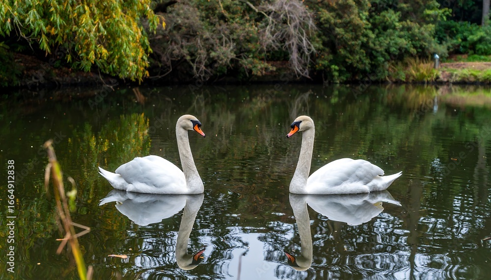 Two majestic white swans gracefully glide on a still pond, their reflections mirroring their elegant forms, set against a backdrop of lush greenery. Two majestic white swans gracefully glide on a still pond, their reflections mirroring their elegant forms, set against a backdrop of lush greenery.