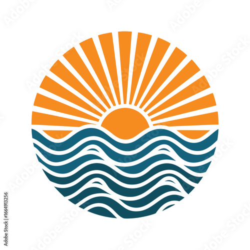 Stylized sun rising over ocean waves circular graphic sunrise water