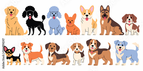 Dog Breeds Vector Flat Collection – Cartoon Purebred Dogs Bundle Featuring Beagle, Pug, Husky, Pomeranian & More in Colorful Side‑View Illustrations for Pet, Kids & Design