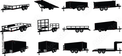Black Utility Cargo Dump Flatbed Trailer Vector Silhouette Set Collection, Various Commercial Hauling Transport Equipment Silhouettes for Industrial and Automotive Design Graphics.