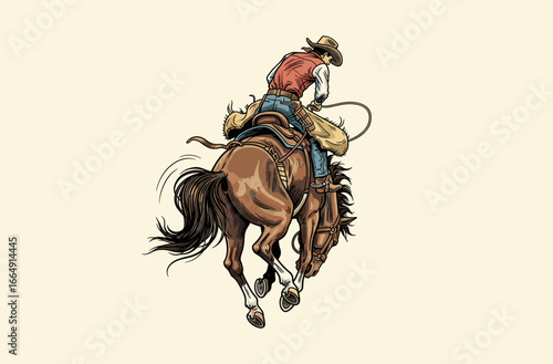 Frontier Cowboy Spirit. A vintage illustration of rodeo cowboy. Cowboy action on bronco. Wild West Rodeo Cowboy Illustration. Retro Western Rodeo Rider.