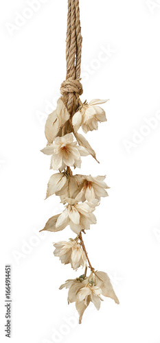 Light beige flower clusters hang from a light brown rope