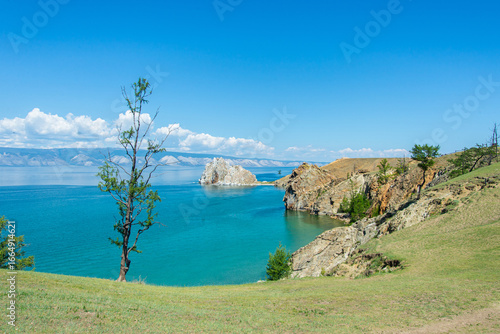 Scenic View of Lake Baikal with Shamanka Rock and Blue Turquoise Water