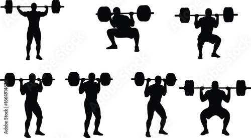 Strong male athlete squatting with a barbell, a vector illustration of proper weightlifting form for health and fitness training.
