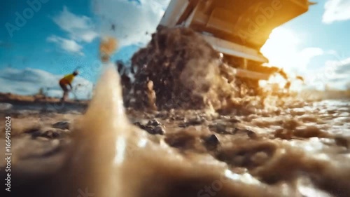 Dump truck unloading mud with construction site.