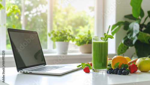 Green Smoothie with Laptop and Fresh Fruits.