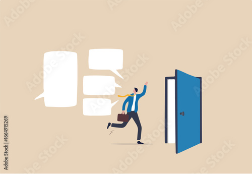 Exit interview, employee feedback before leaving or resignation, staff suggestion to HR human resources concept, resigned businessman employee about to leave the door with interview conversation. 