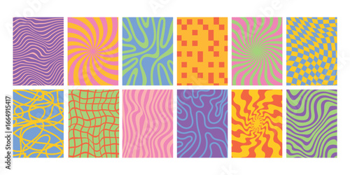 Retro abstract vertical backgrounds. Vintage groovy poster. Trendy hippie 60s, 70s cards with wavy, checkered texture, bold stripes, lines waves, geometric shapes. Vector collection