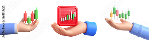 3D hand holding candlestick chart financial graph stock market analysis investment trading business growth colorful isolated on transparency background