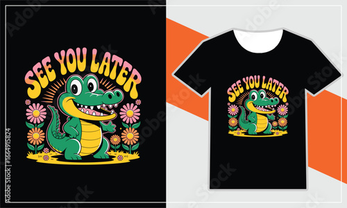 Cartoon dinosaur t shirt design with fun floral elements