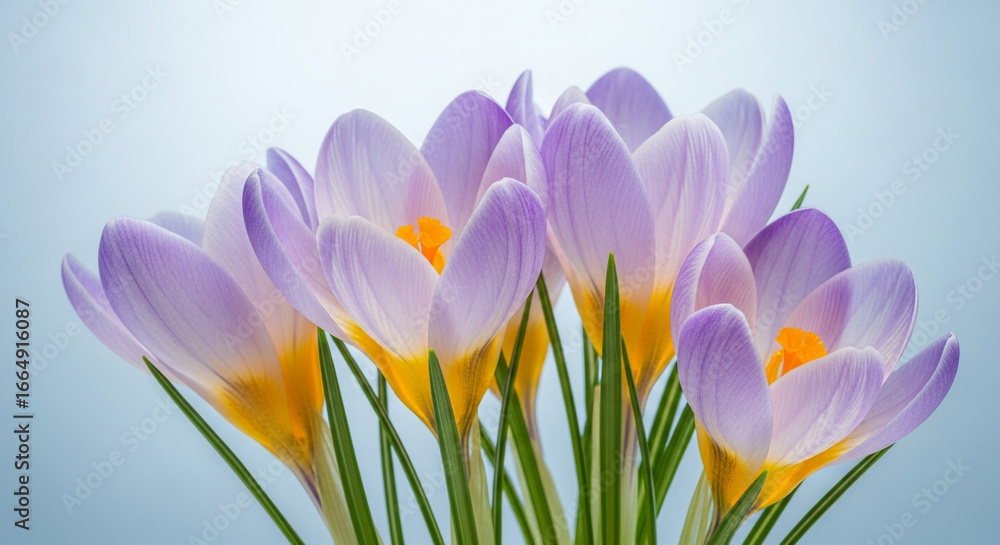 Naklejka premium A delicate cluster of purple crocus flowers in full bloom, capturing the essence of spring with their vibrant colors and soft petals