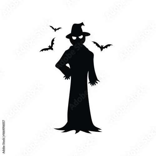 Silhouette of a cloaked figure with glowing eyes and bats halloween ghost