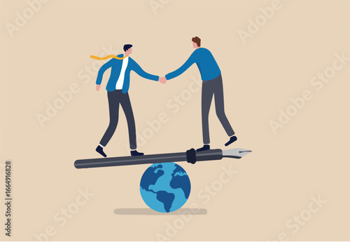 Diplomacy, world agreement or treaty between countries, global partnership, politics or world peace contract signing concept, businessman world leader handshake on fountain pen seesaw on world globe.