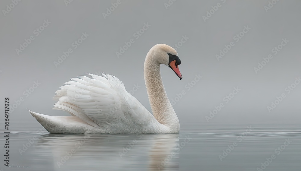 Fototapeta premium A graceful swan glides serenely on a misty lake