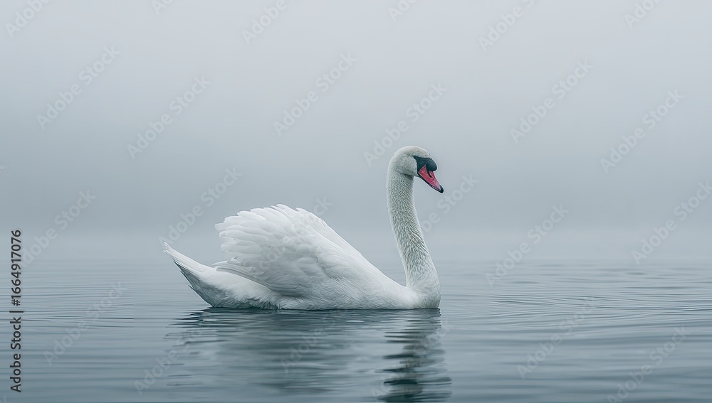 Fototapeta premium A serene white swan glides on a misty lake