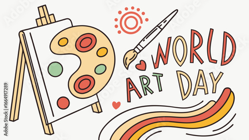 World Art Day: Cheerful Cartoon Style Illustration Featuring an Easel, Paint Palette, Paintbrush, and Colorful Swirls.