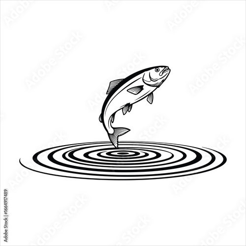Black and white illustration of a salmon jumping from concentric water ripples fish