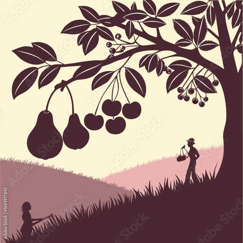 Silhouette of people and fruit tree pear