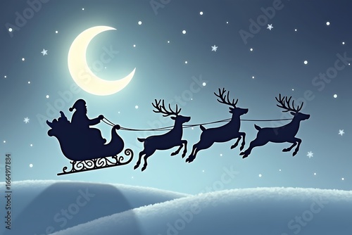 Santa claus sleigh ride with reindeer under a full moon and stars