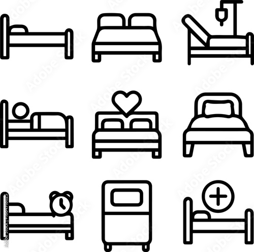 Bed icons depicting various types of beds including hospital and double beds.