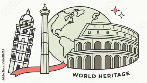 Charming line art illustration of Roman Colosseum, Leaning Tower of Pisa, and Trajan's Column, encircled by a stylized Earth globe; whimsical, travel, tourism, world heritage concept.