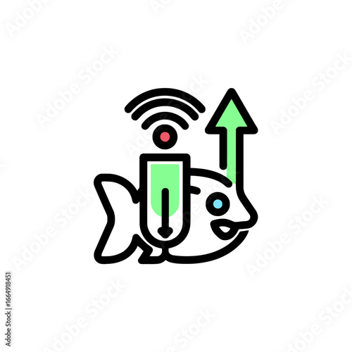 Creative line art icon of a fish with a wifi signal and an upward arrow, representing smart aquaculture and data transmission technology