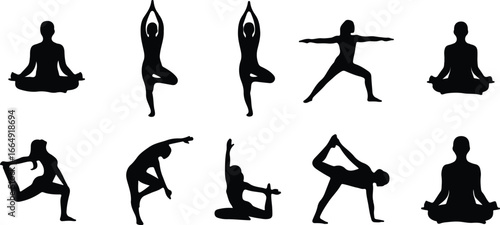 Ten Black Silhouettes of People Performing Various Yoga Poses on White Background meditation exercise