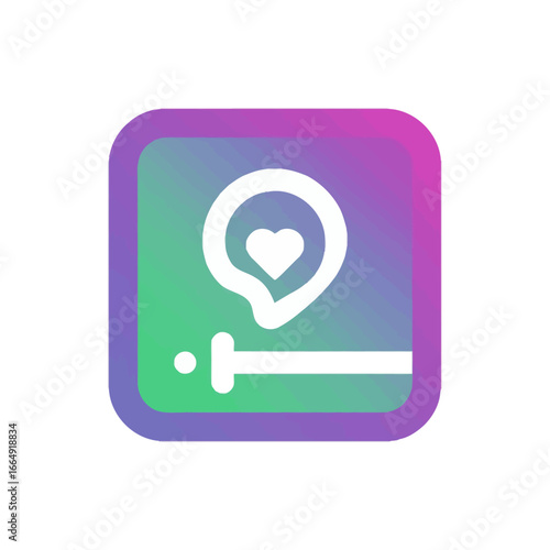 Modern gradient icon with a heart in a location pin, symbolizing online dating, favorite places, and social networking app user interface