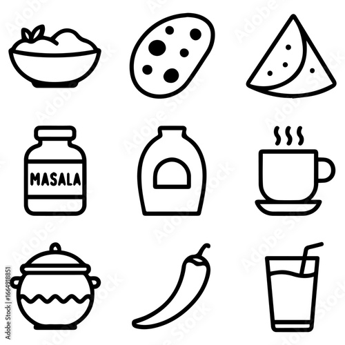 Black outline icons of food items including masala potato and chili.