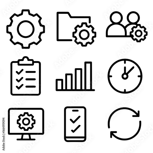 Black outline icons representing settings tasks progress time and synchronization.