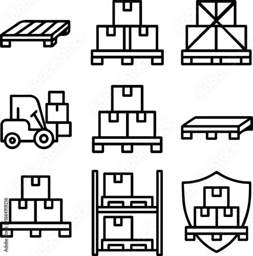 Black outline icons showing logistics shipping and warehouse operations.