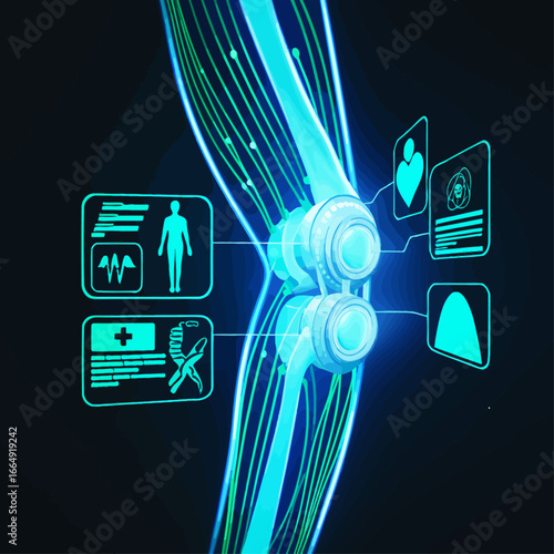 Digital visualization of a knee joint with medical data and infographics for biomechanics and healthcare technology