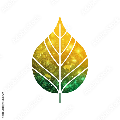 Stylized decorative leaf with a yellow and green gradient, filled with sparkling stars and subtle animal silhouettes, symbolizing nature's magic