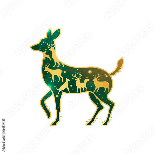 Fantasy double exposure of a doe silhouette outlined in gold, revealing a family of deer within a celestial green galaxy