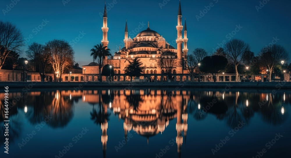 Fototapeta premium Mosque at twilight, reflected in water