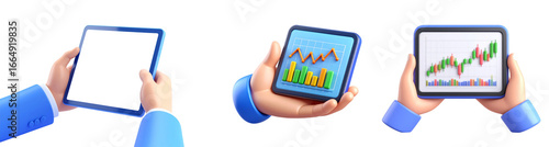 Tablet hand digital blank screen graph chart business finance technology and growth are shown this illustration of three hands holding tablets one with blank screen and two with colorful financial